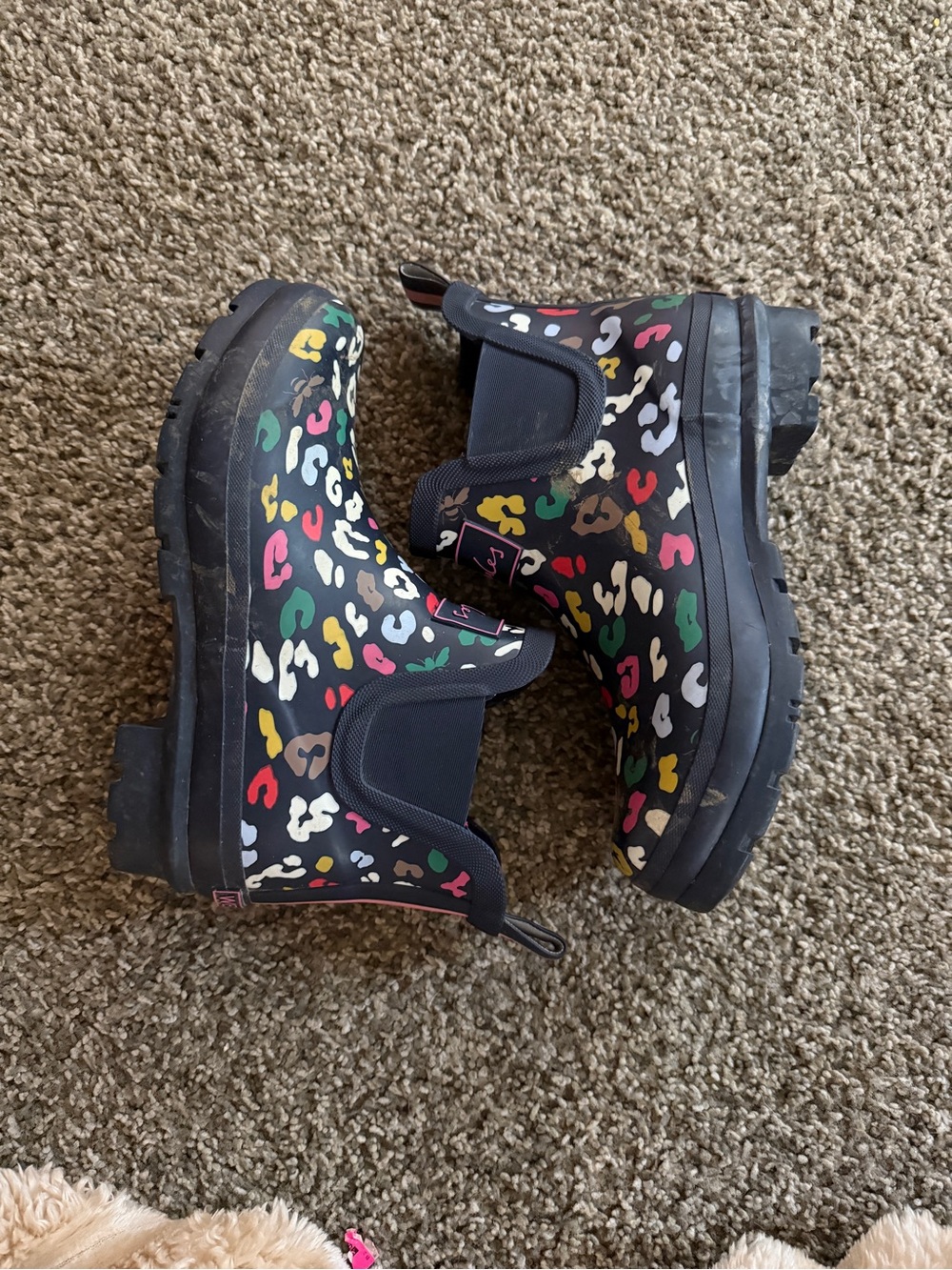 Joules Black Rain Boots with Multicolor Leopard Spots